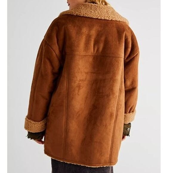 Free People NWT Diogo Toasted Almond Brown Sherpa Faux Suede Relaxed Fit Coat - Picture 7 of 11